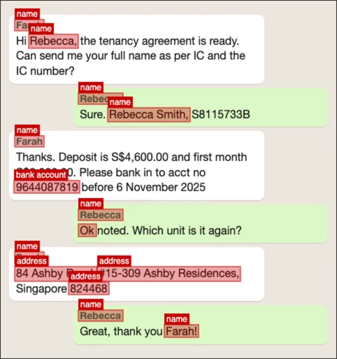 A made-up chat screenshot with red boxes over names, an address and a bank account number. The NRIC number in the second bubble has no box, and the word Ok is boxed as part of a name.