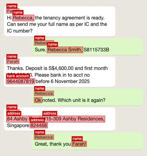 A made-up chat screenshot with red boxes over names, an address and a bank account number. The NRIC number in the second bubble has no box, and the word Ok is boxed as part of a name.